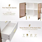Credenza moderna, mobile contenitore con ante in vetro temperato color ambra e gambe e maniglie in metallo dorato-ModernLuxe