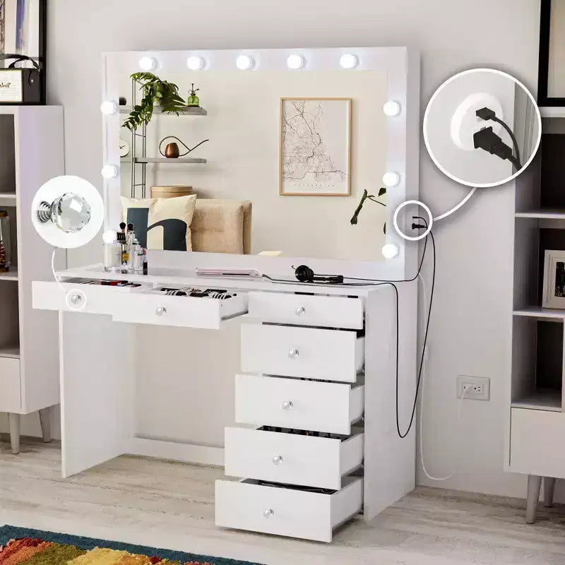Boahaus Tatiana Toeletta Trucco Illuminata con 7 Cassetti Prese di Corrente e Porte USB