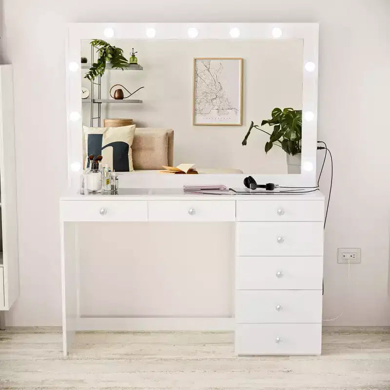 Boahaus Tatiana Toeletta Trucco Illuminata con 7 Cassetti Prese di Corrente e Porte USB