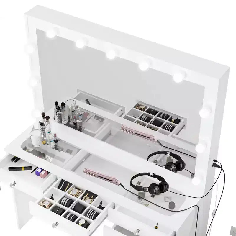 Boahaus Tatiana Toeletta Trucco Illuminata con 7 Cassetti Prese di Corrente e Porte USB