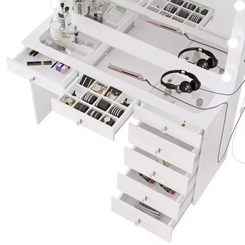 Boahaus Tatiana Toeletta Trucco Illuminata con 7 Cassetti Prese di Corrente e Porte USB