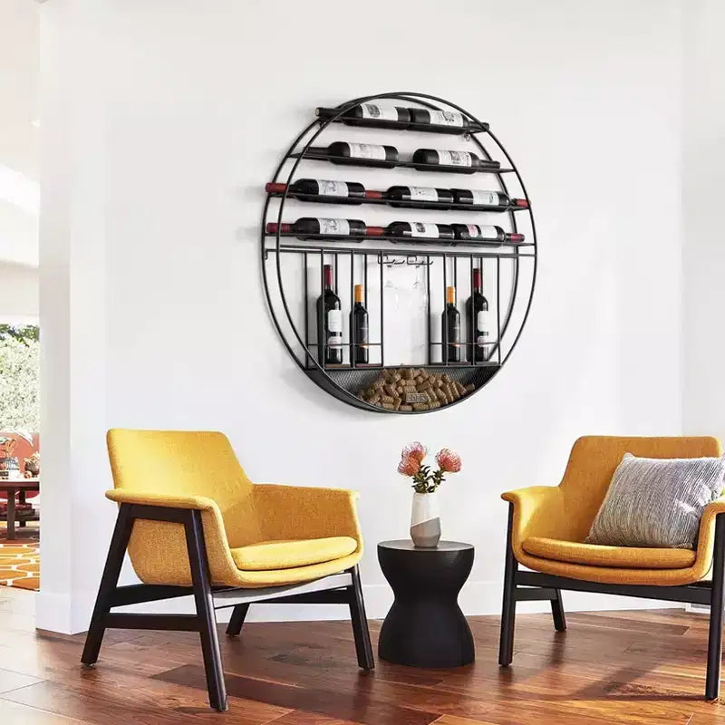 Vintiquewise Espositore da parete rotondo decorativo vintage moderno in metallo nero per vino