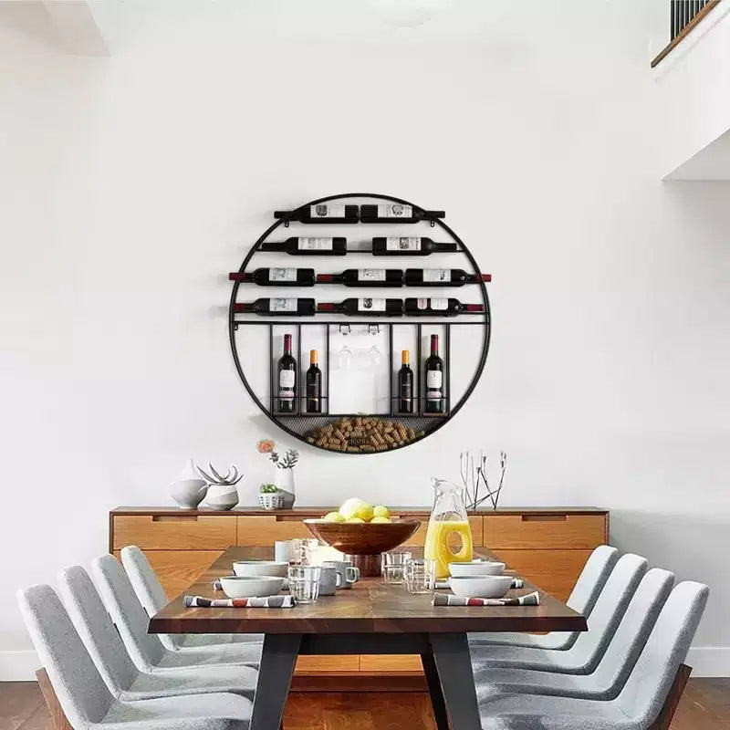 Vintiquewise Espositore da parete rotondo decorativo vintage moderno in metallo nero per vino