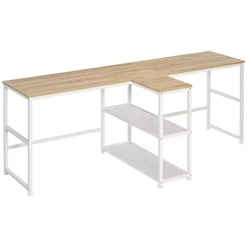 HOMCOM Scrivania Doppia per Due Persone con 2 Ripiani, Workstation con Libreria, Scrivania Lunga per Ufficio Domestico