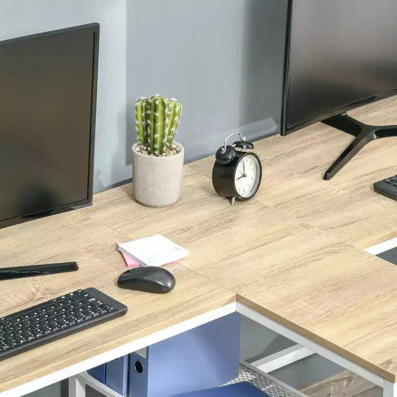 HOMCOM Scrivania Doppia per Due Persone con 2 Ripiani, Workstation con Libreria, Scrivania Lunga per Ufficio Domestico