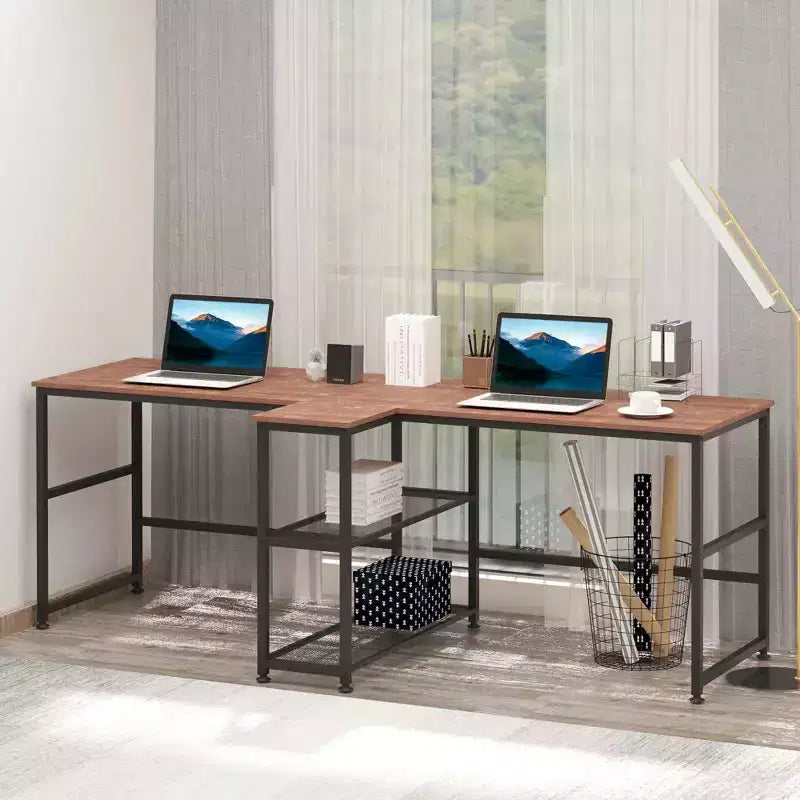 HOMCOM Scrivania Doppia per Due Persone con 2 Ripiani, Workstation con Libreria, Scrivania Lunga per Ufficio Domestico