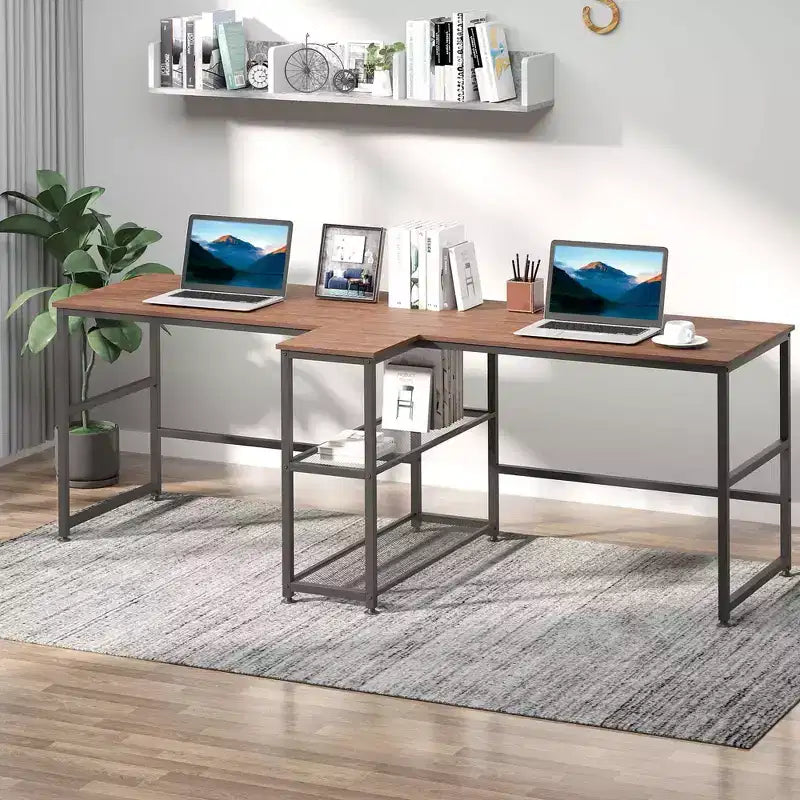 HOMCOM Scrivania Doppia per Due Persone con 2 Ripiani, Workstation con Libreria, Scrivania Lunga per Ufficio Domestico