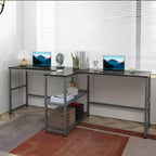 HOMCOM Scrivania Doppia per Due Persone con 2 Ripiani, Workstation con Libreria, Scrivania Lunga per Ufficio Domestico