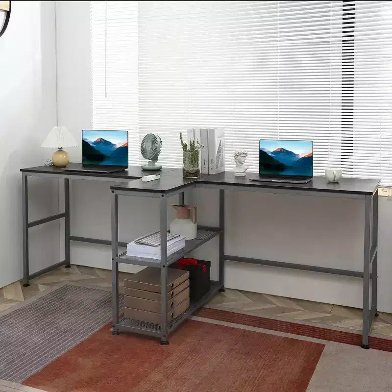 HOMCOM Scrivania Doppia per Due Persone con 2 Ripiani, Workstation con Libreria, Scrivania Lunga per Ufficio Domestico