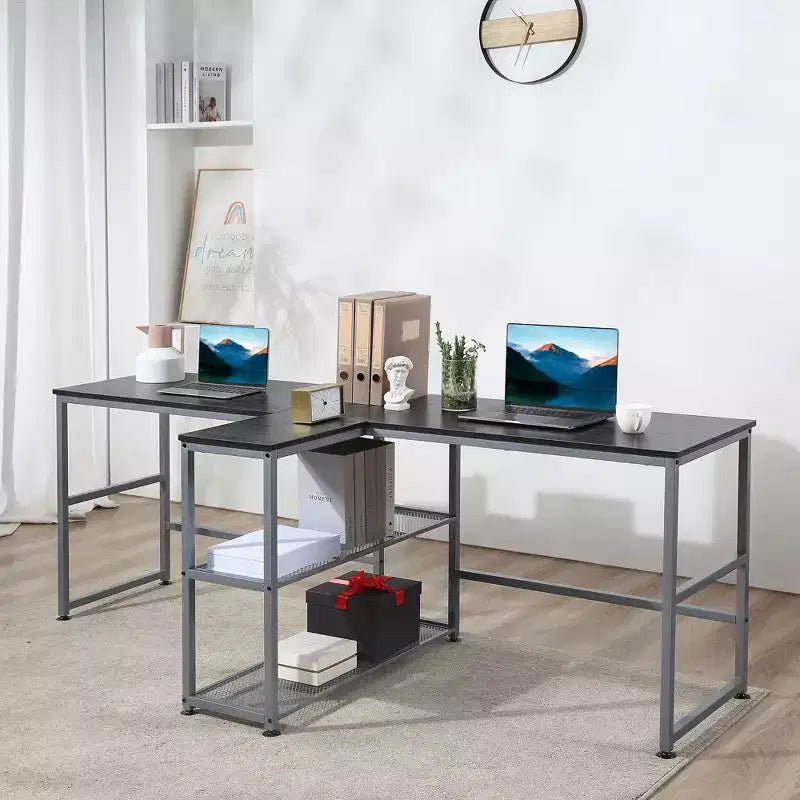 HOMCOM Scrivania Doppia per Due Persone con 2 Ripiani, Workstation con Libreria, Scrivania Lunga per Ufficio Domestico