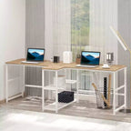HOMCOM Scrivania Doppia per Due Persone con 2 Ripiani, Workstation con Libreria, Scrivania Lunga per Ufficio Domestico