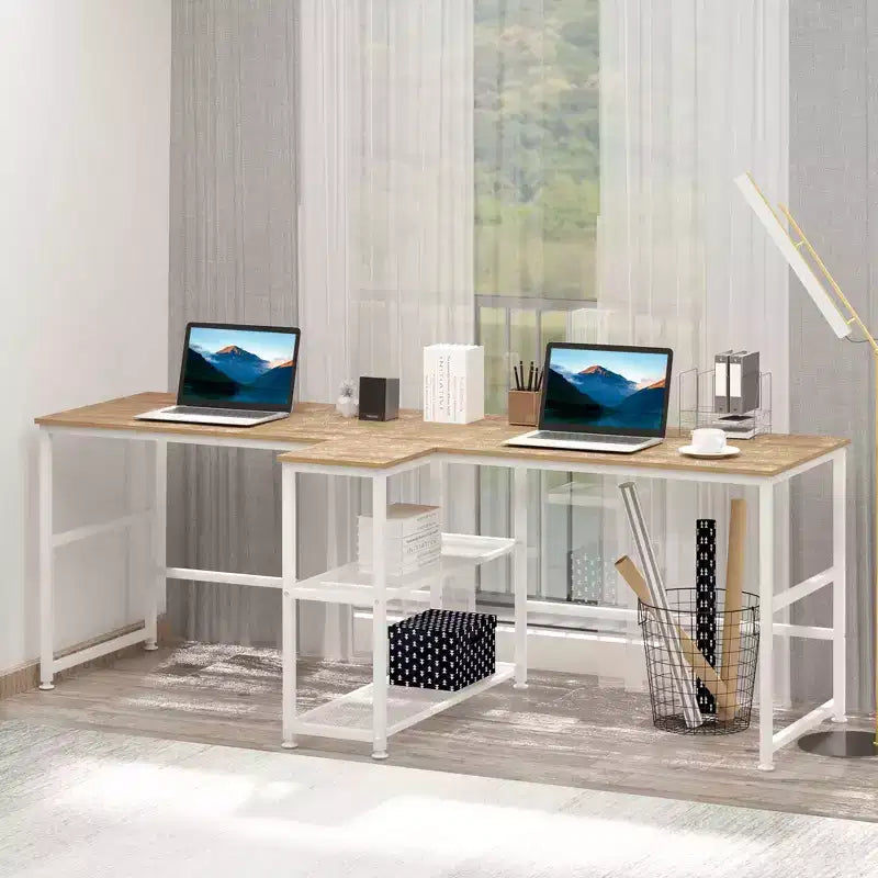 HOMCOM Scrivania Doppia per Due Persone con 2 Ripiani, Workstation con Libreria, Scrivania Lunga per Ufficio Domestico