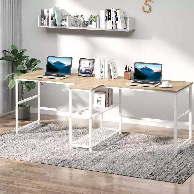 HOMCOM Scrivania Doppia per Due Persone con 2 Ripiani, Workstation con Libreria, Scrivania Lunga per Ufficio Domestico