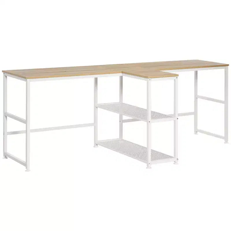 HOMCOM Scrivania Doppia per Due Persone con 2 Ripiani, Workstation con Libreria, Scrivania Lunga per Ufficio Domestico