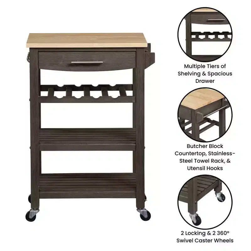 Carrello da Cucina Ellaine a 4 Ripiani con Tagliere, Cassetto e Portabottiglie - Breighton Home