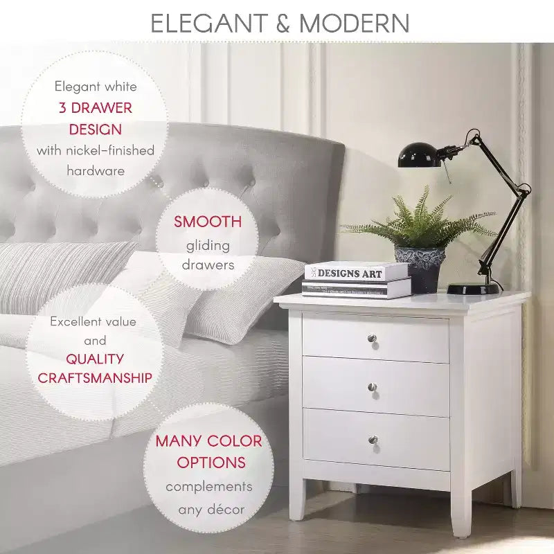 Comodino bianco a 3 cassetti Passion Furniture Hammond (66 cm A x 61 cm L x 46 cm P)
