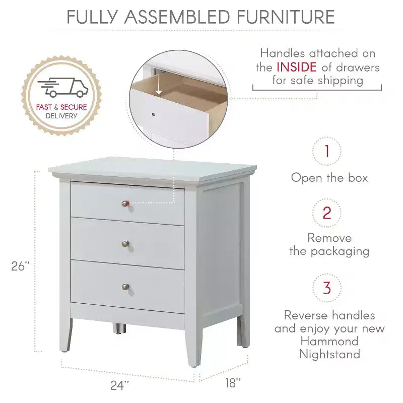 Comodino bianco a 3 cassetti Passion Furniture Hammond (66 cm A x 61 cm L x 46 cm P)
