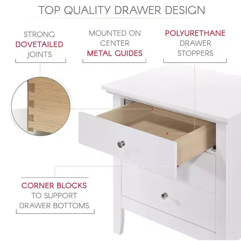 Comodino bianco a 3 cassetti Passion Furniture Hammond (66 cm A x 61 cm L x 46 cm P)