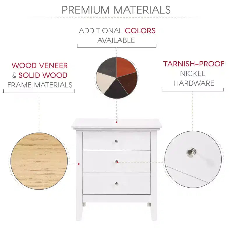 Comodino bianco a 3 cassetti Passion Furniture Hammond (66 cm A x 61 cm L x 46 cm P)