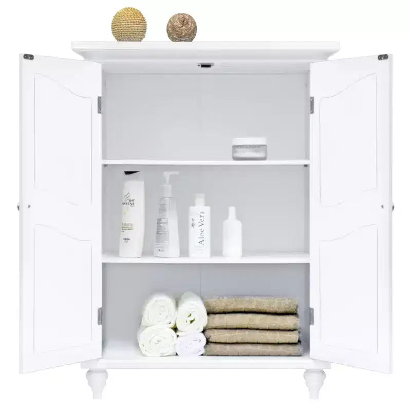 Mobile contenitore a pavimento Teamson Home Versailles bianco, organizer autoportante a 2 ante con ripiani regolabili