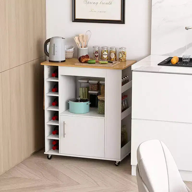 Costway Isola da cucina con carrello portaoggetti, carrello da cucina su ruote con portasciugamani, carrello portaoggetti su ruote con ripiano in bambù, portabottiglie da 6, portarispezie, bianco