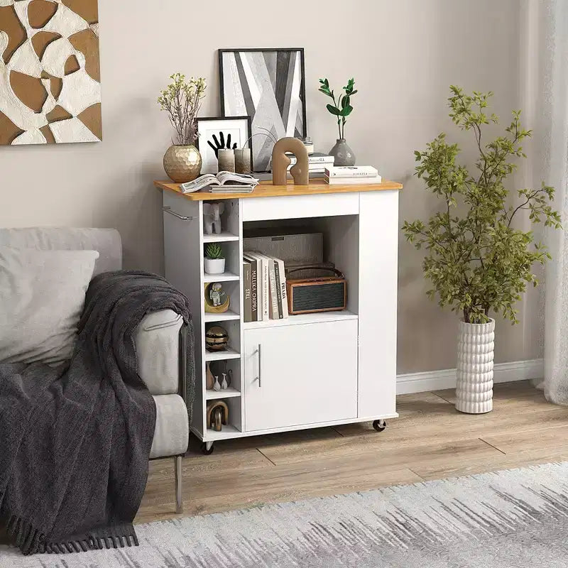 Costway Isola da cucina con carrello portaoggetti, carrello da cucina su ruote con portasciugamani, carrello portaoggetti su ruote con ripiano in bambù, portabottiglie da 6, portarispezie, bianco
