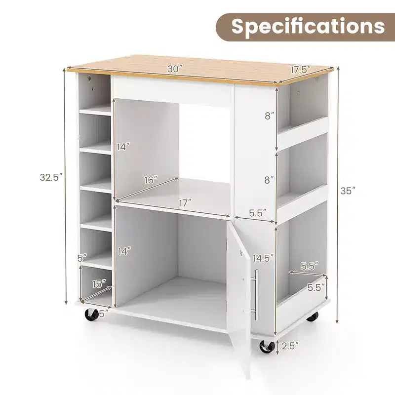 Costway Isola da cucina con carrello portaoggetti, carrello da cucina su ruote con portasciugamani, carrello portaoggetti su ruote con ripiano in bambù, portabottiglie da 6, portarispezie, bianco