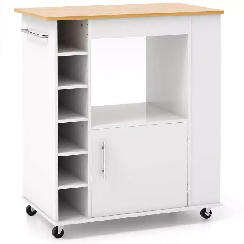 Costway Isola da cucina con carrello portaoggetti, carrello da cucina su ruote con portasciugamani, carrello portaoggetti su ruote con ripiano in bambù, portabottiglie da 6, portarispezie, bianco