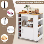 Costway Isola da cucina con carrello portaoggetti, carrello da cucina su ruote con portasciugamani, carrello portaoggetti su ruote con ripiano in bambù, portabottiglie da 6, portarispezie, bianco