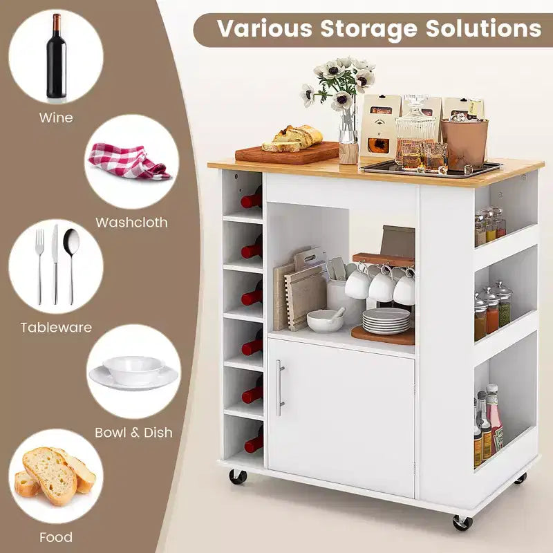 Costway Isola da cucina con carrello portaoggetti, carrello da cucina su ruote con portasciugamani, carrello portaoggetti su ruote con ripiano in bambù, portabottiglie da 6, portarispezie, bianco
