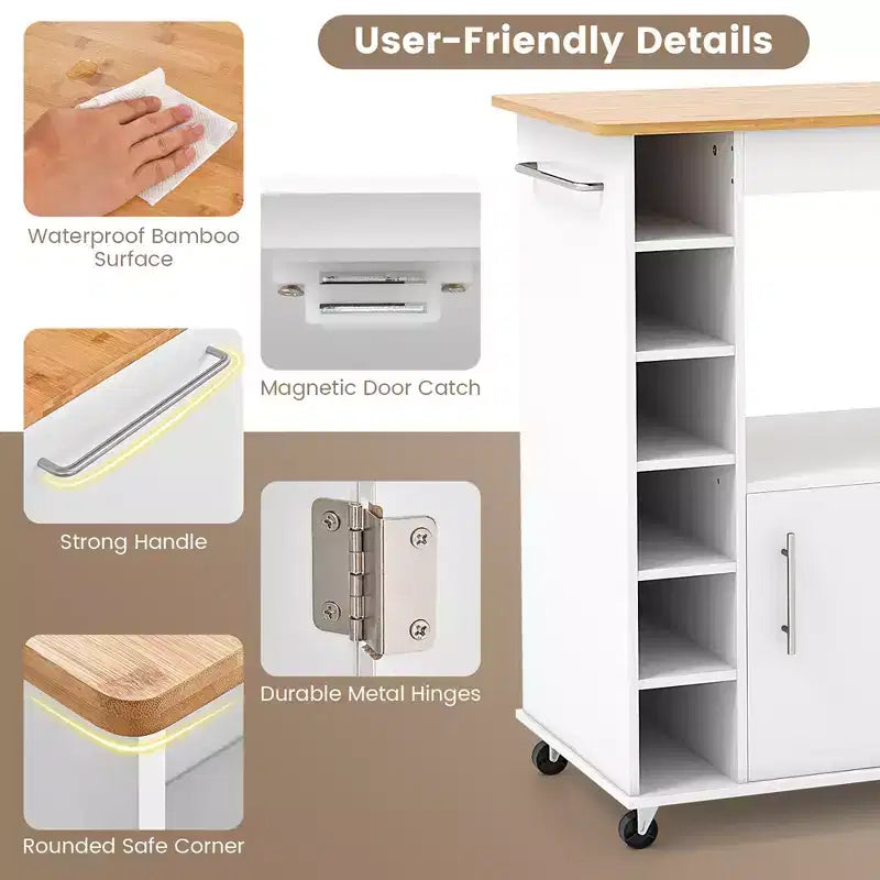 Costway Isola da cucina con carrello portaoggetti, carrello da cucina su ruote con portasciugamani, carrello portaoggetti su ruote con ripiano in bambù, portabottiglie da 6, portarispezie, bianco