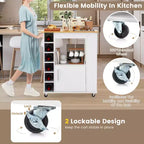 Costway Isola da cucina con carrello portaoggetti, carrello da cucina su ruote con portasciugamani, carrello portaoggetti su ruote con ripiano in bambù, portabottiglie da 6, portarispezie, bianco