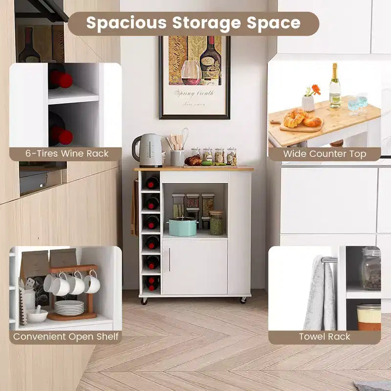 Costway Isola da cucina con carrello portaoggetti, carrello da cucina su ruote con portasciugamani, carrello portaoggetti su ruote con ripiano in bambù, portabottiglie da 6, portarispezie, bianco
