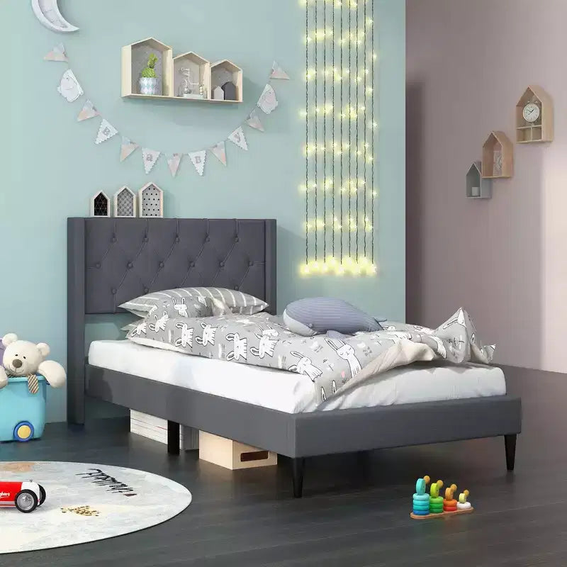 Costway Letto a Piattaforma Matrimoniale in Tessuto con Testiera a Orecchie trapuntata a Bottoni Blu/Grigio