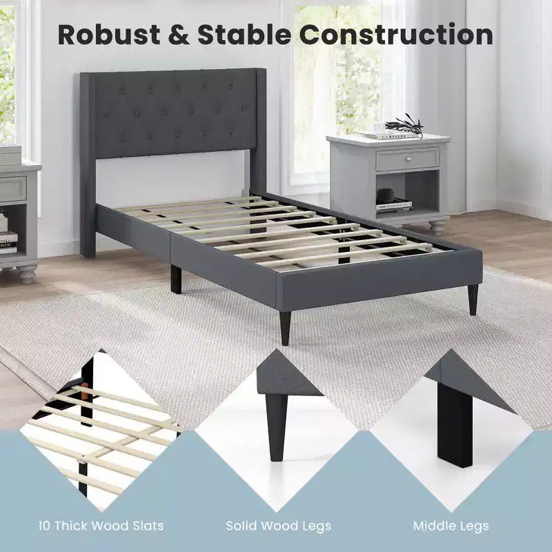 Costway Letto a Piattaforma Matrimoniale in Tessuto con Testiera a Orecchie trapuntata a Bottoni Blu/Grigio