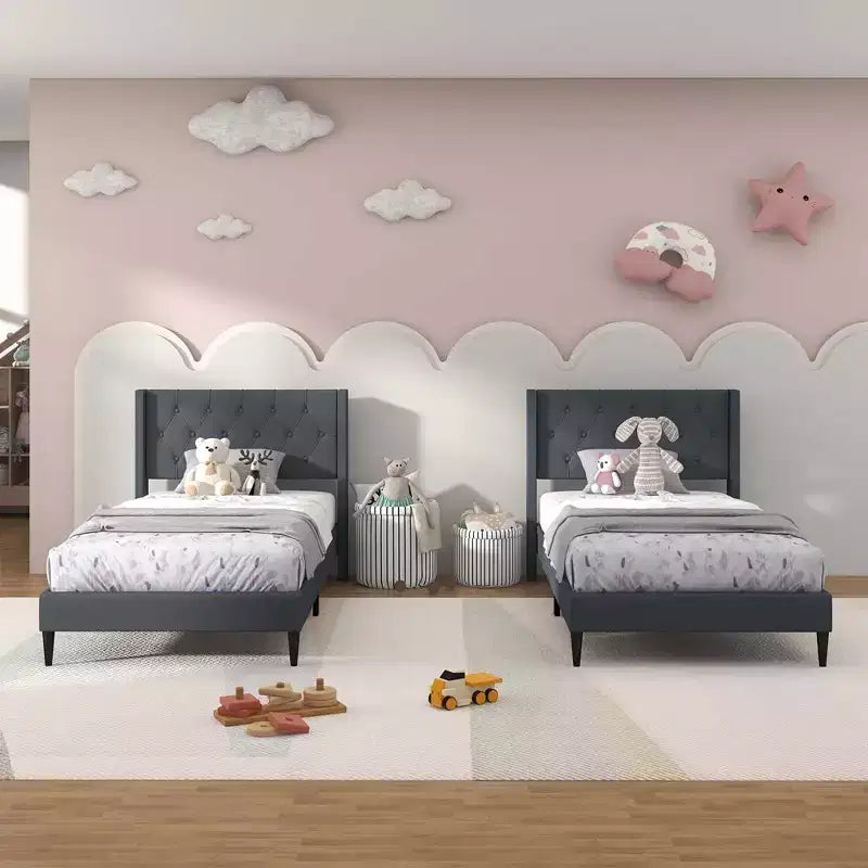 Costway Letto a Piattaforma Matrimoniale in Tessuto con Testiera a Orecchie trapuntata a Bottoni Blu/Grigio