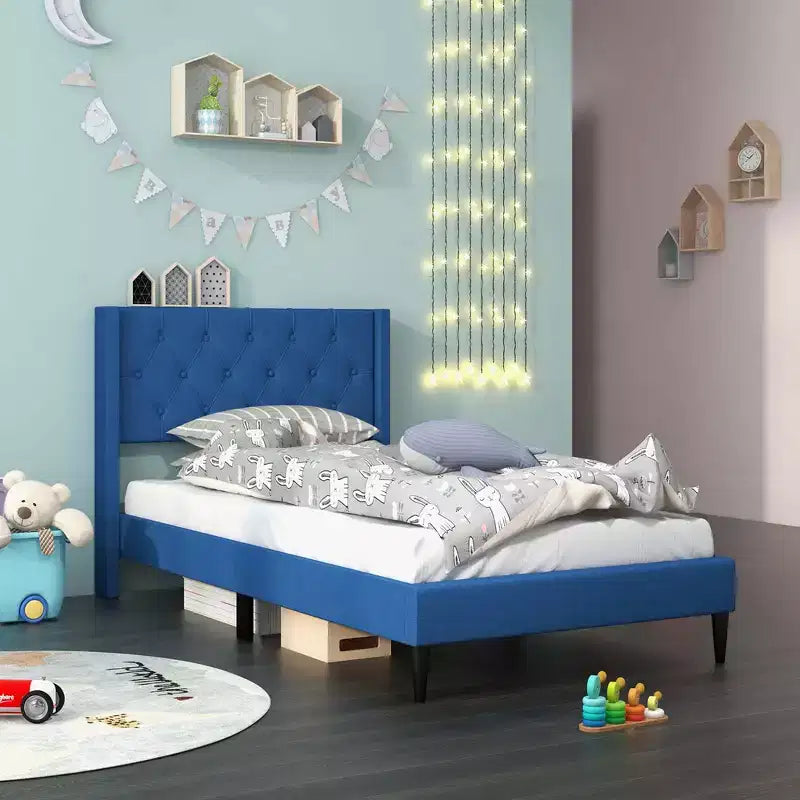 Costway Letto a Piattaforma Matrimoniale in Tessuto con Testiera a Orecchie trapuntata a Bottoni Blu/Grigio