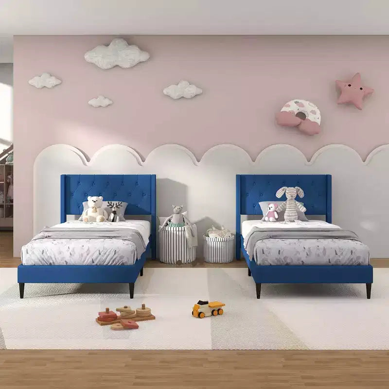 Costway Letto a Piattaforma Matrimoniale in Tessuto con Testiera a Orecchie trapuntata a Bottoni Blu/Grigio
