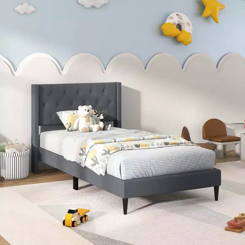 Costway Letto a Piattaforma Matrimoniale in Tessuto con Testiera a Orecchie trapuntata a Bottoni Blu/Grigio