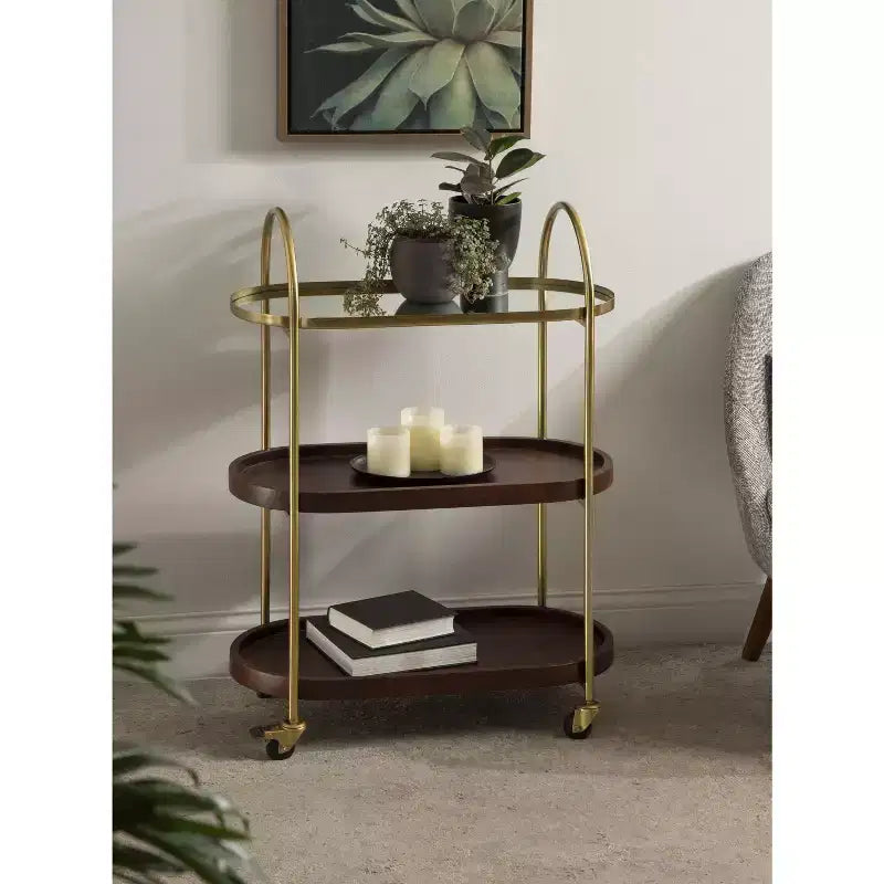Carrello da bar ovale in legno Kate and Laurel Maxfield, 26x13x36, Marrone Noce e Oro