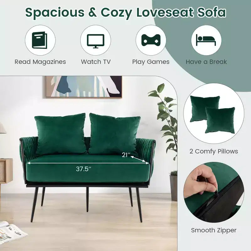 Costway Divano a Due Posti Moderno Rivestito in Velluto Olandese con Schienale e Braccioli Intrecciati Verde/Grigio