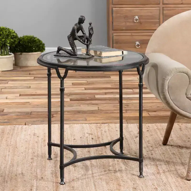 Tavolino d'appoggio rotondo moderno Uttermost in acciaio 24 1/2 largo nero invecchiato con piano in vetro trasparente per soggiorno camera da letto ingresso