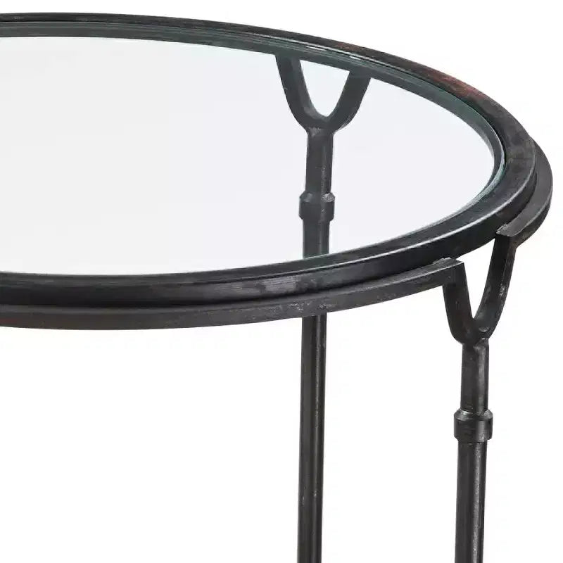 Tavolino d'appoggio rotondo moderno Uttermost in acciaio 24 1/2 largo nero invecchiato con piano in vetro trasparente per soggiorno camera da letto ingresso