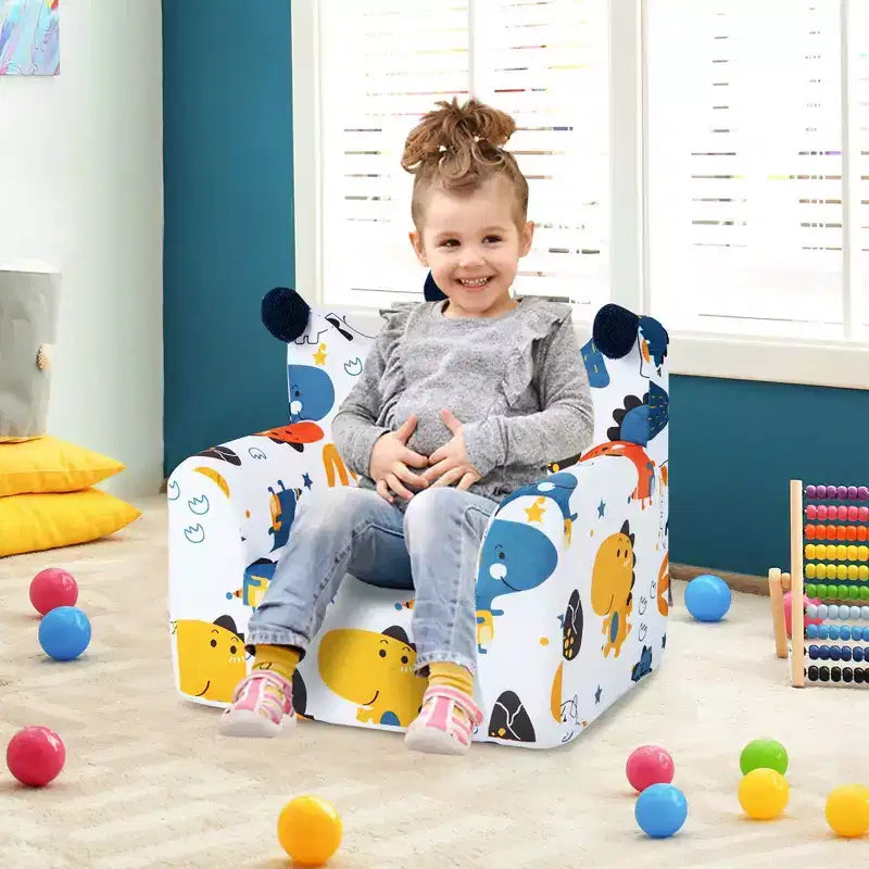 Divano per bambini Costway, poltrona imbottita in schiuma, divanetto dinosauro per bambini con rivestimento e cuscino
