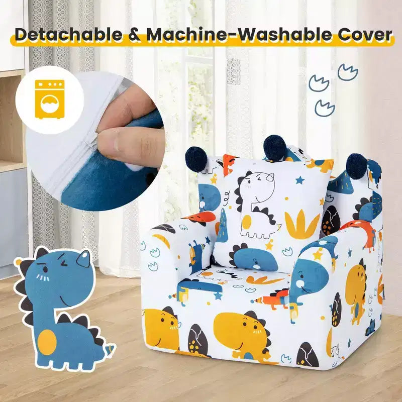 Divano per bambini Costway, poltrona imbottita in schiuma, divanetto dinosauro per bambini con rivestimento e cuscino
