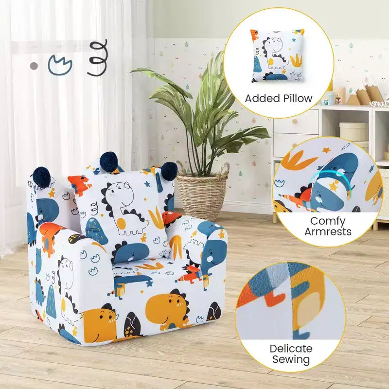 Divano per bambini Costway, poltrona imbottita in schiuma, divanetto dinosauro per bambini con rivestimento e cuscino