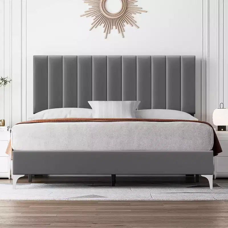 Whizmax Base Letto Moderna Imbottita in Velluto, Altezza 28 cm con Testiera, Nessuna Rete a Molle Necessaria, Grigio