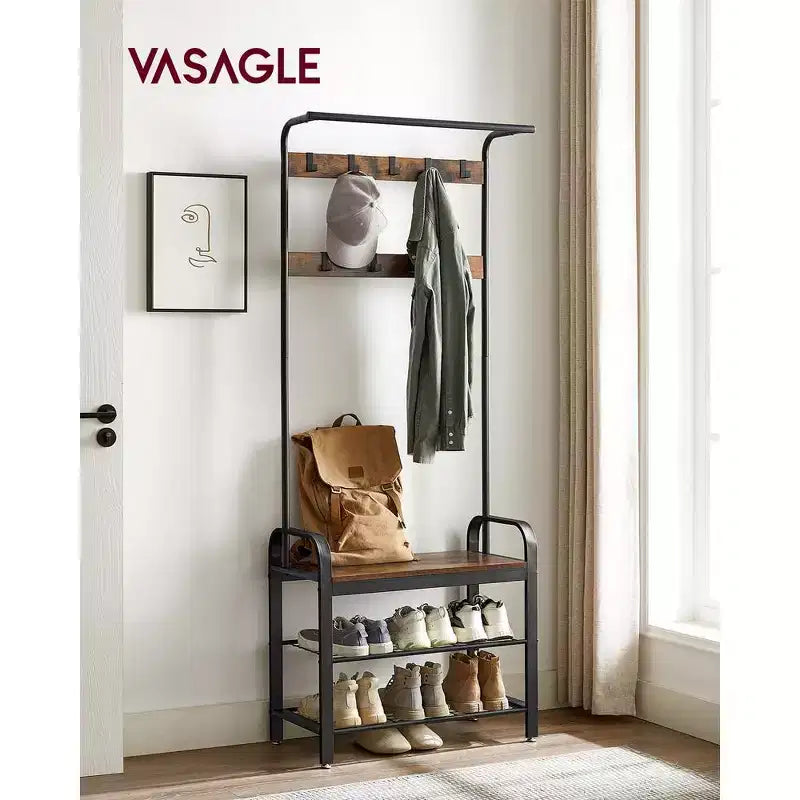 VASAGLE Appendiabiti 4 in 1, con 9 Ganci Rimovibili, Panca da Ingresso con Scarpiera, per Appartamento, Soggiorno