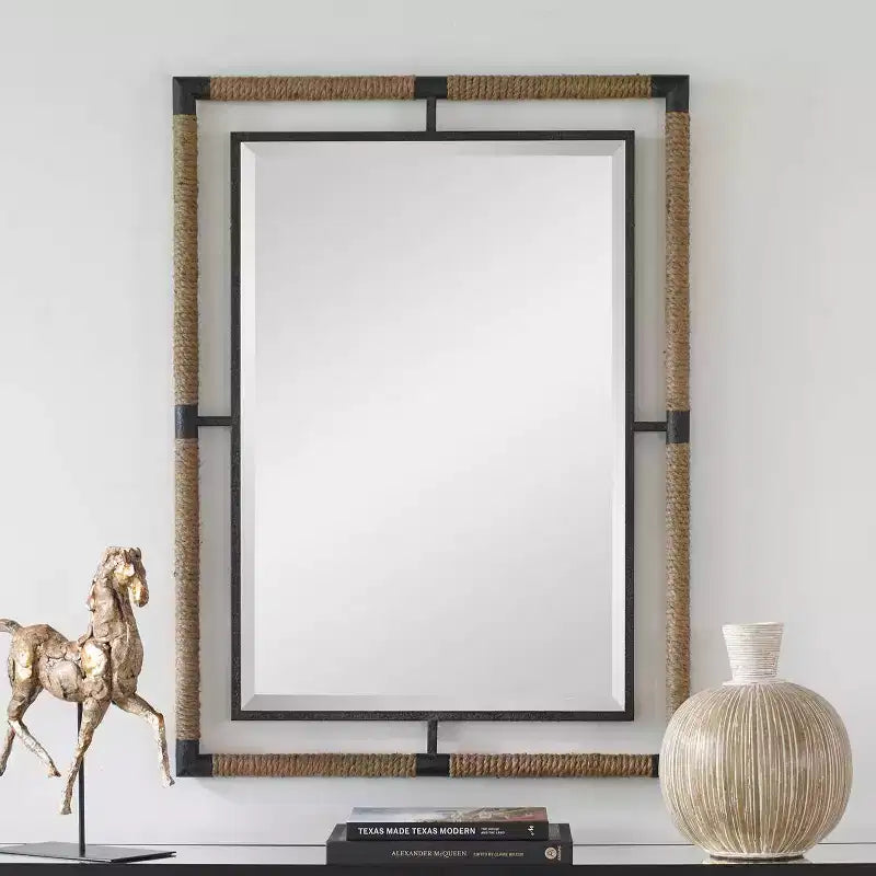Specchio da parete decorativo rettangolare Uttermost per lavabo, moderno, smussato, color ruggine, nero, con corda naturale, cornice in ferro battuto, larghezza 28, per bagno