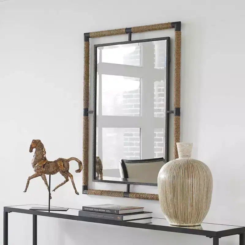 Specchio da parete decorativo rettangolare Uttermost per lavabo, moderno, smussato, color ruggine, nero, con corda naturale, cornice in ferro battuto, larghezza 28, per bagno